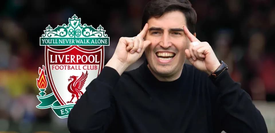 An individual gesturing with Liverpool FC logo background