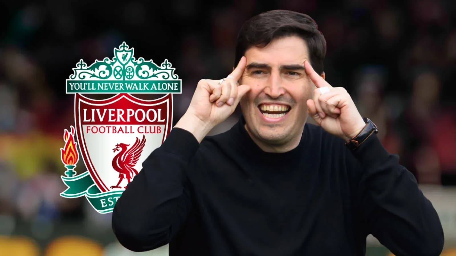 An individual gesturing with Liverpool FC logo background