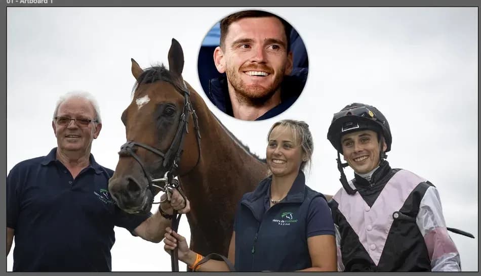 Three people posing with a horse at event