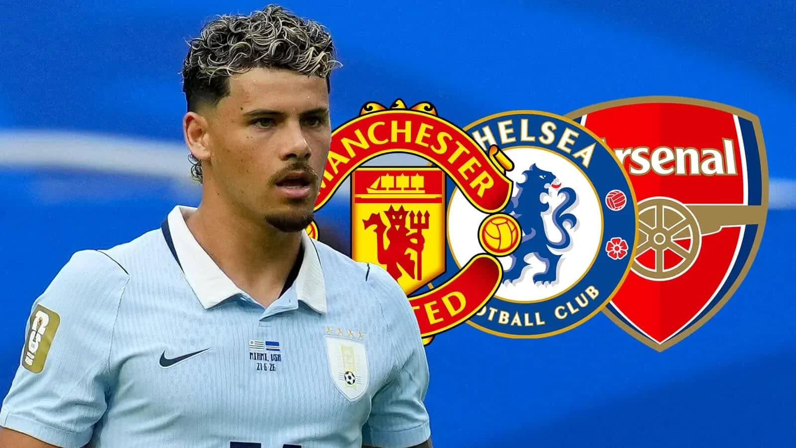 Futbolçu, Manchester United, Chelsea və Arsenal emblemləri arxasında