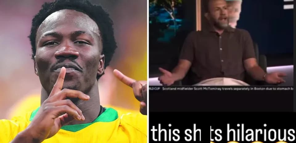 Football player celebrating while commentator discusses humor