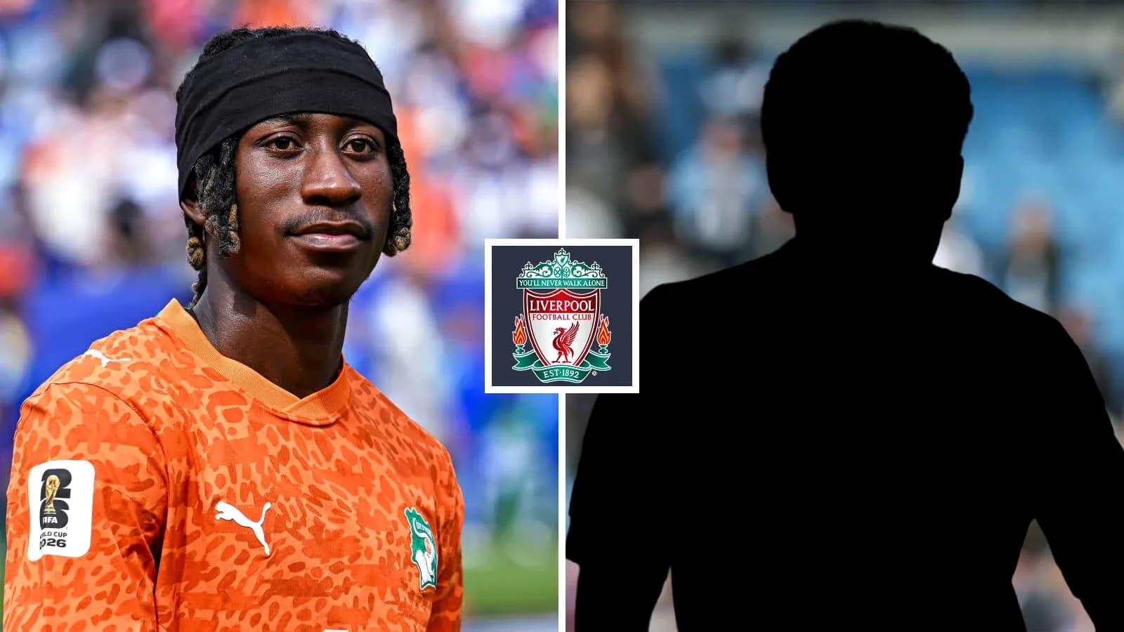 Ivorian player in orange jersey with Liverpool logo