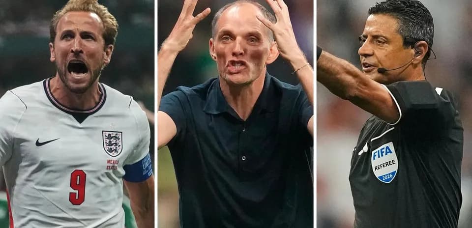 Harry Kane celebrating, Thomas Tuchel coaching, referee signaling