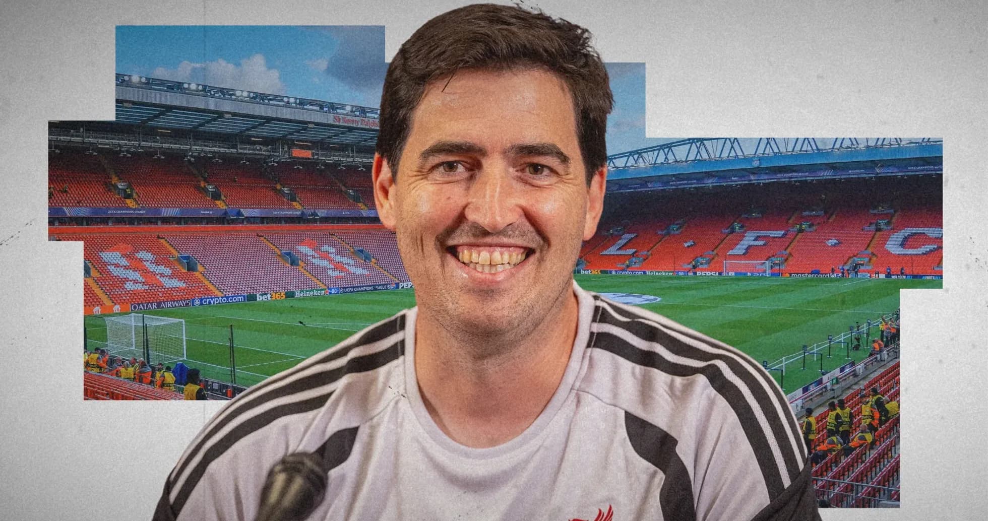Person smiling with Anfield stadium in background