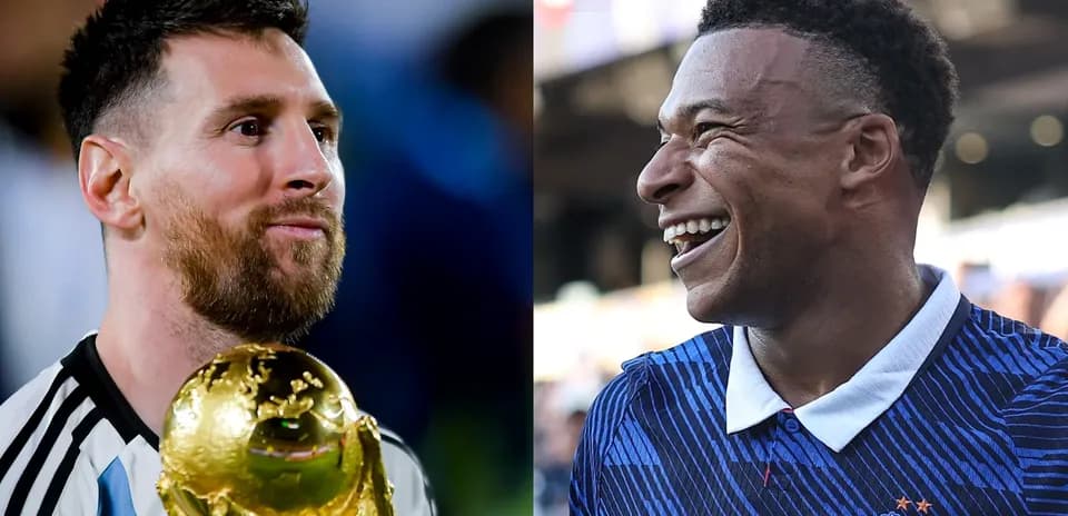 Messi holding World Cup trophy, Mbappe smiling