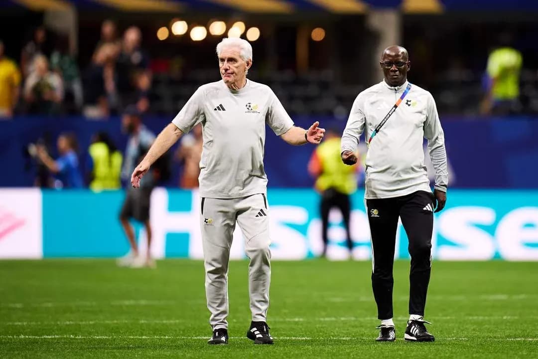 Two coaches walking on the pitch during match