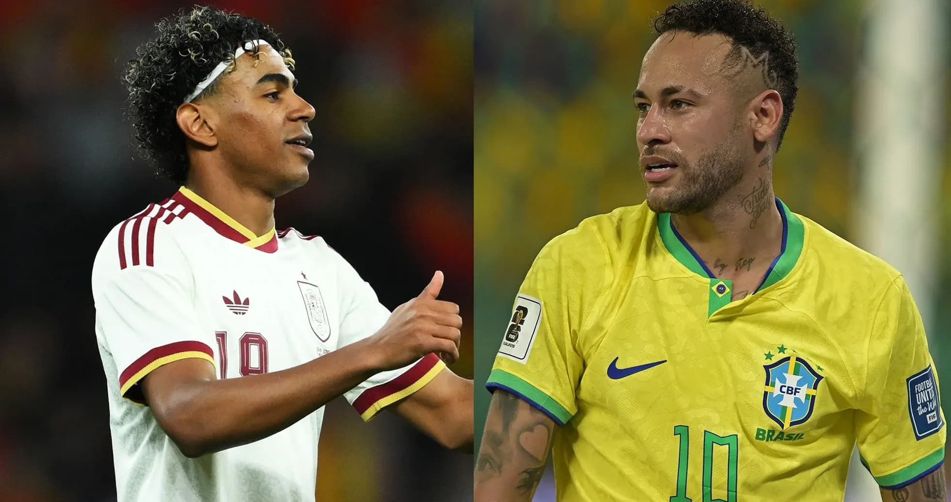 İki futbolçu, biri İspaniya, digəri Braziliya formasında