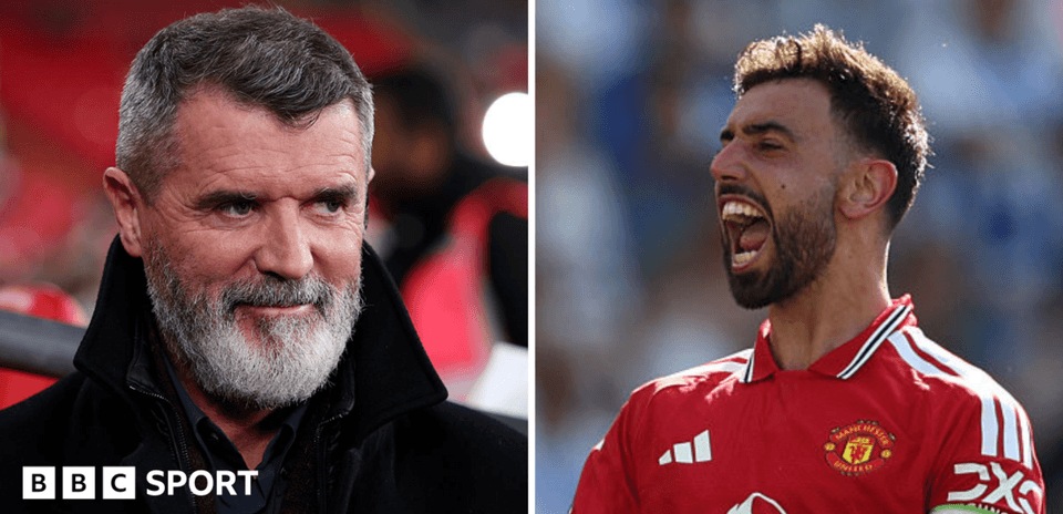 Roy Keane smiling and Bruno Fernandes celebrating