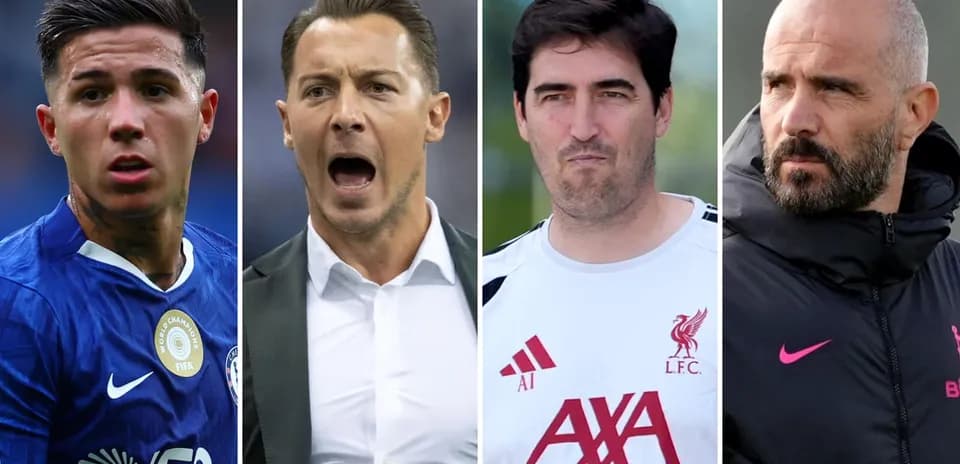 Four football figures in various expressions and attire