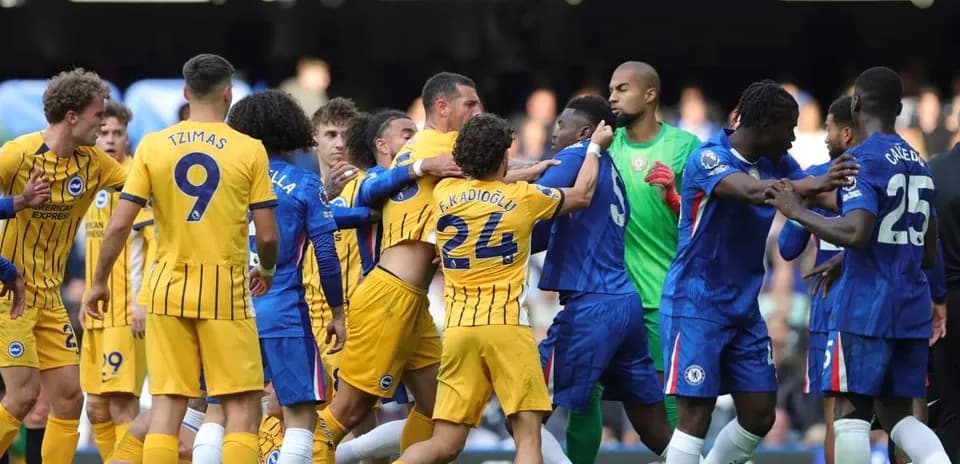Players from Brighton and Chelsea in a heated confrontation