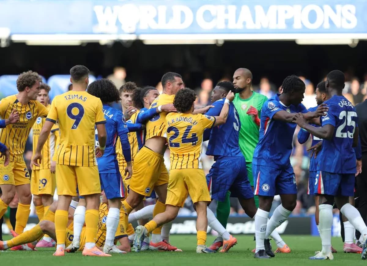 Players from Brighton and Chelsea in a heated confrontation