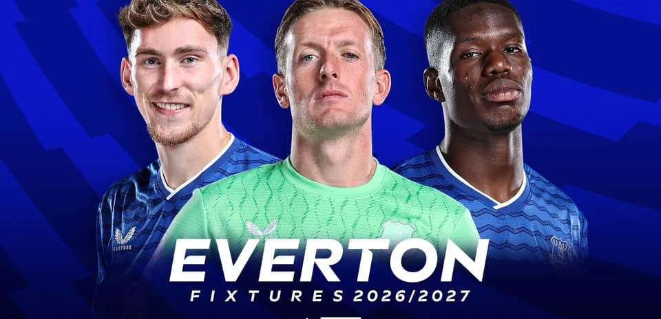 Everton players posing for 2026/2027 fixtures graphic