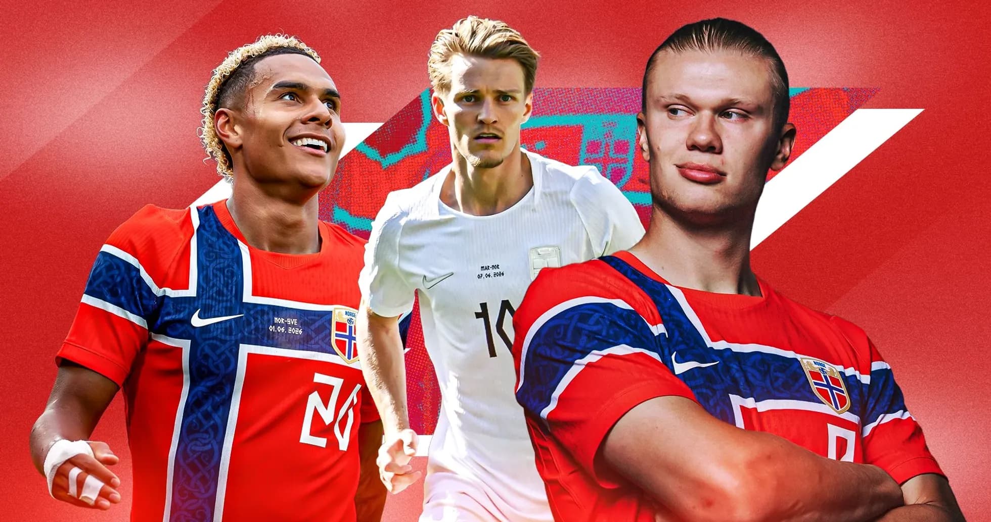 Norwegian football players posing in team jerseys