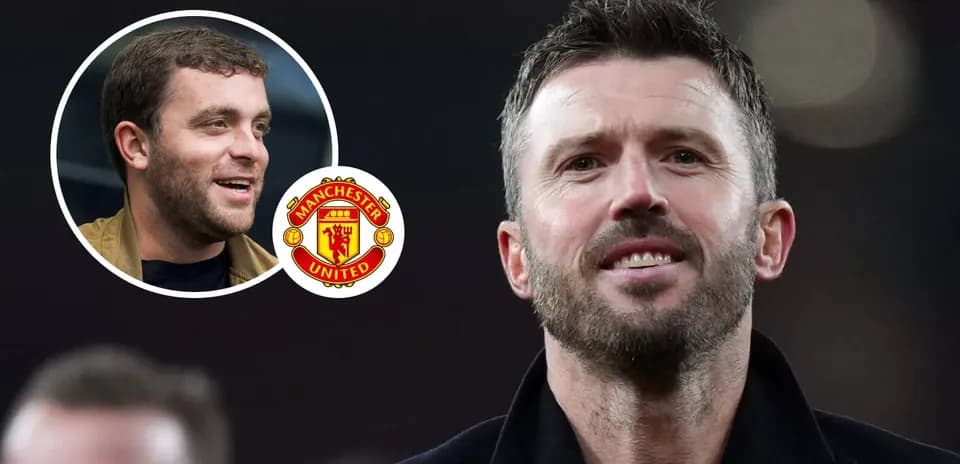 Michael Carrick smiling with Manchester United logo