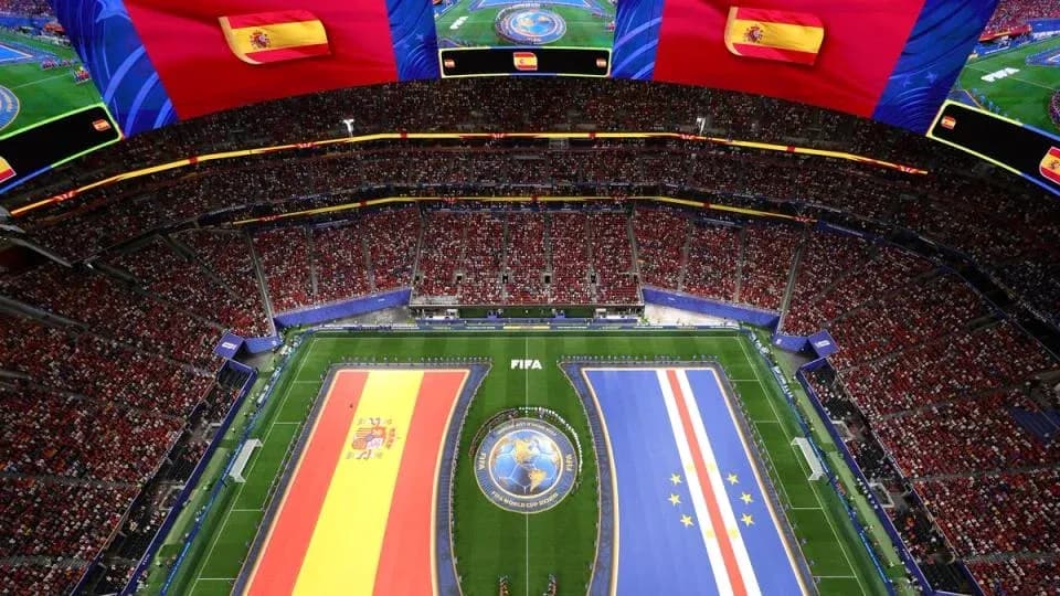 Stadium with flags of Spain and Cape Verde displayed
