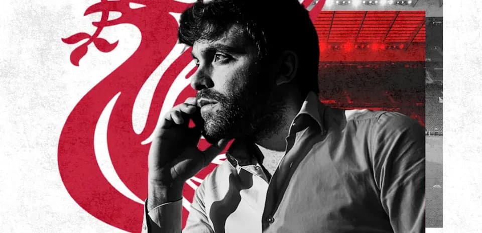 Person on phone with Liverpool FC logo background