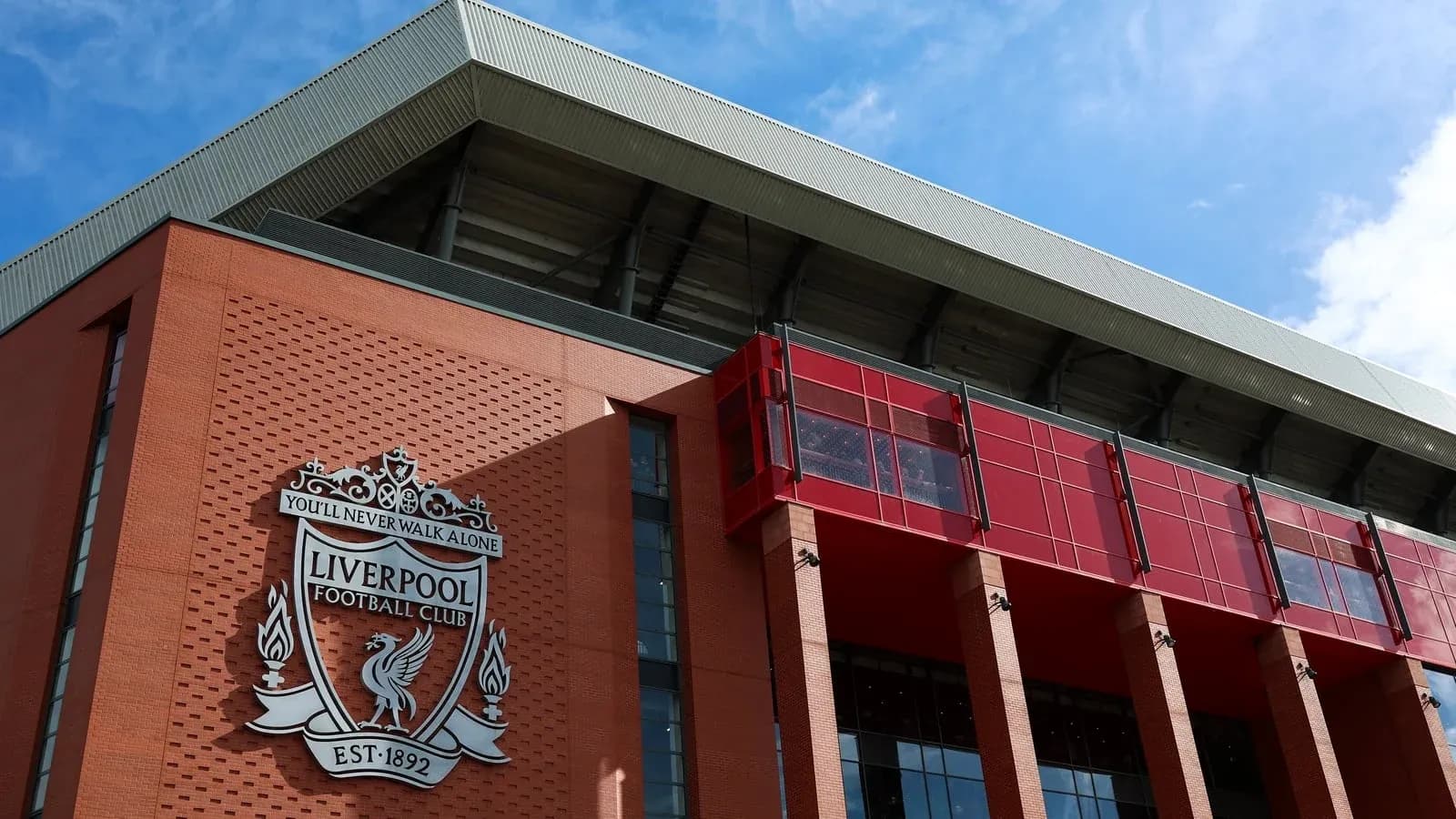 Liverpool FC crest on Anfield stadium exterior