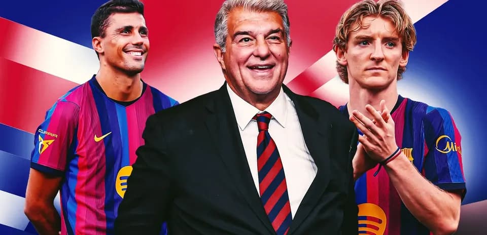Barcelona players and president on colorful background