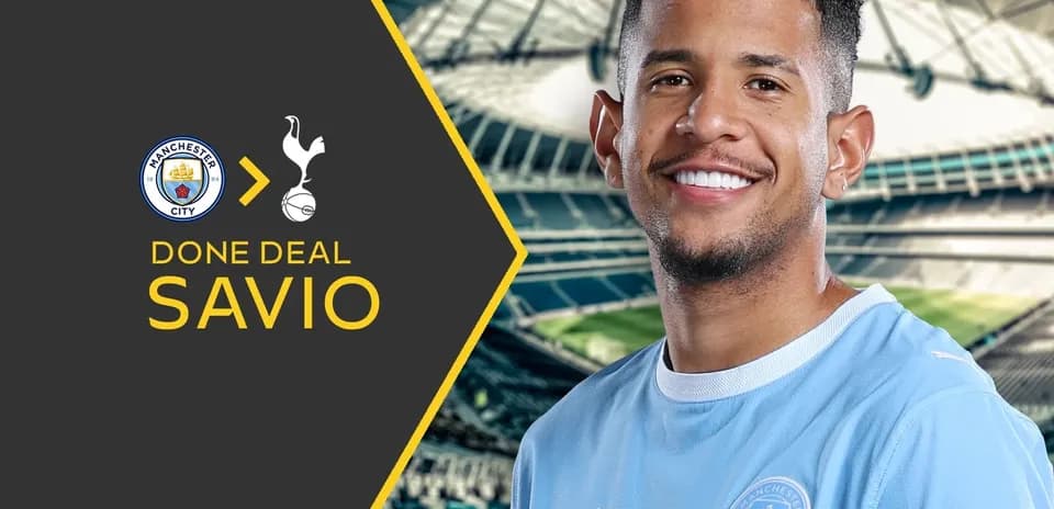 Savio smiling in Manchester City kit announcement