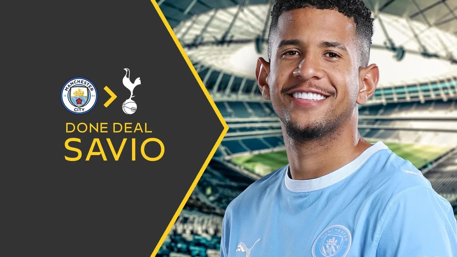 Savio smiling in Manchester City kit announcement