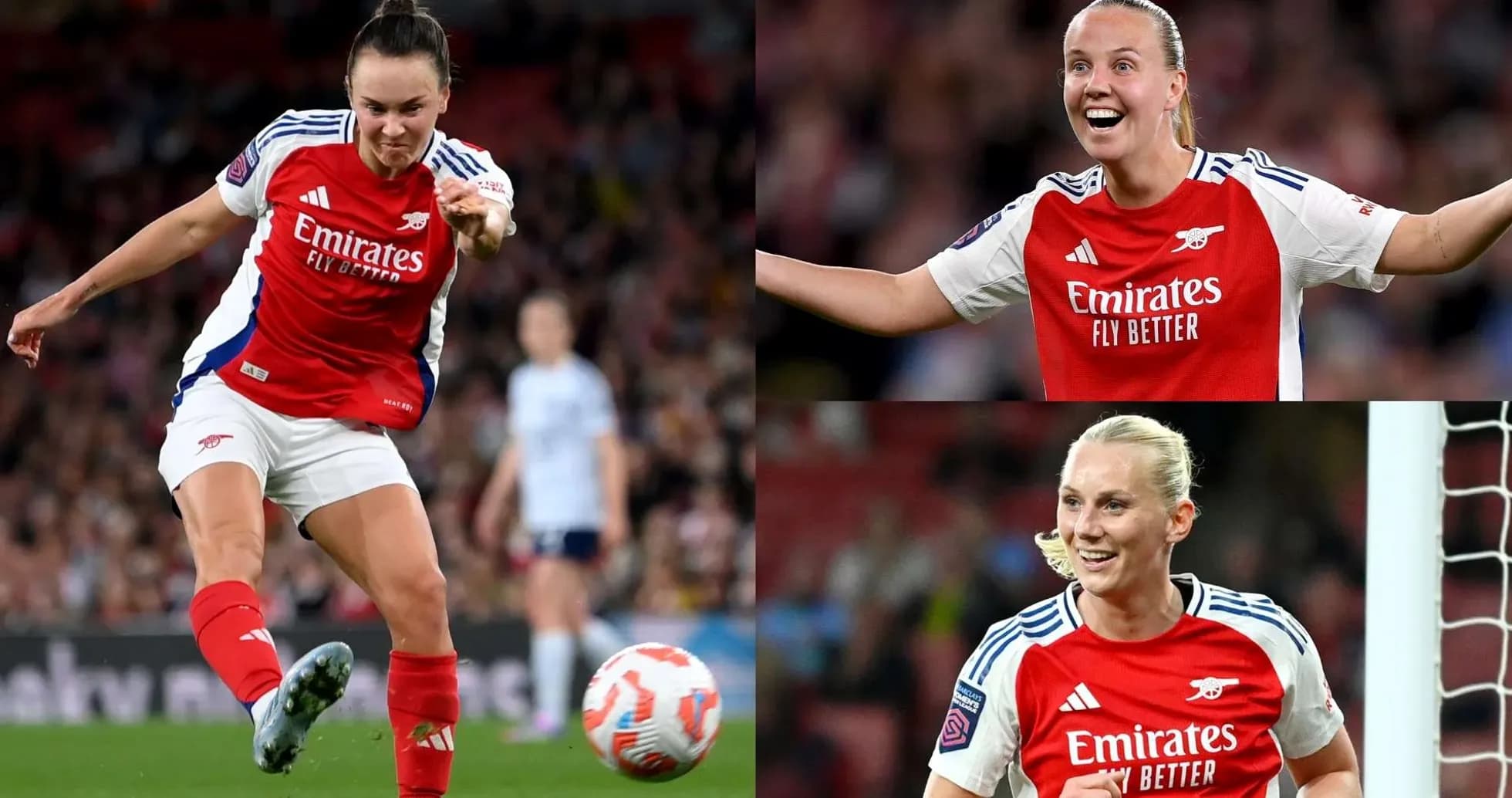 Arsenal qadın futbolçusu topa zərbə vurur