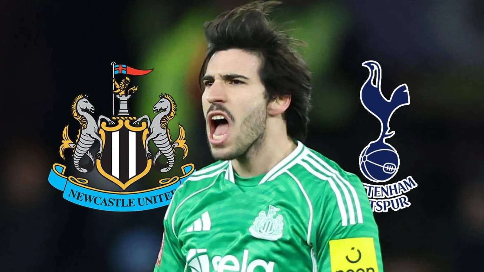 Goalkeeper celebrating with team logos in background
