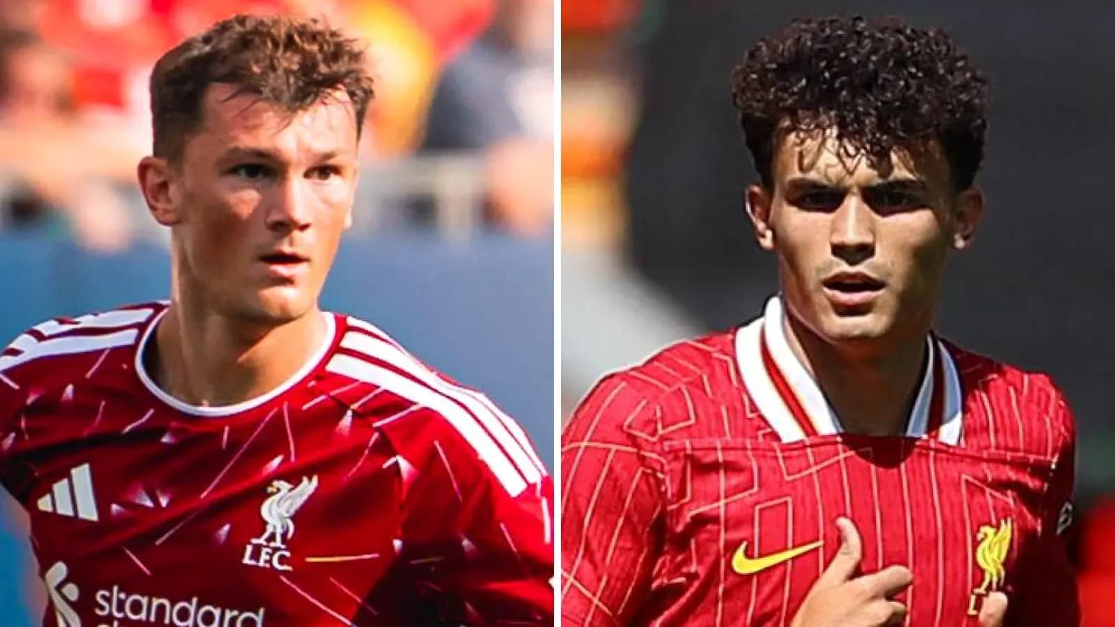İki futbolçu Liverpool formasında sahədə görünür