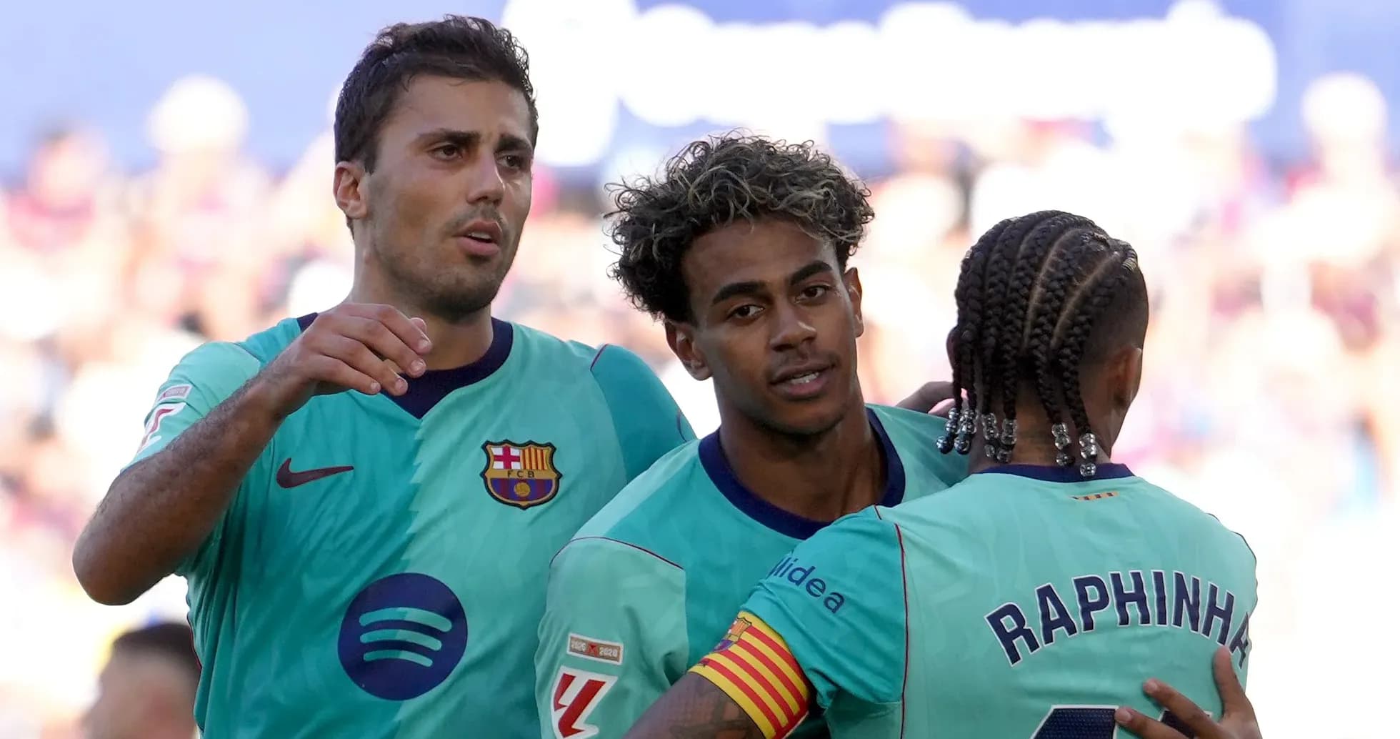 Barcelona players celebrating a goal during match