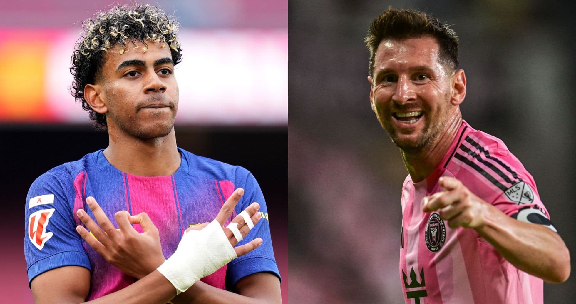 Two football players, one in Barcelona jersey, one in Miami jersey