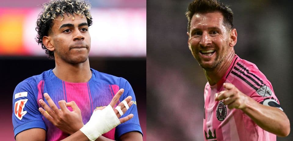 Two football players, one in Barcelona jersey, one in Miami jersey