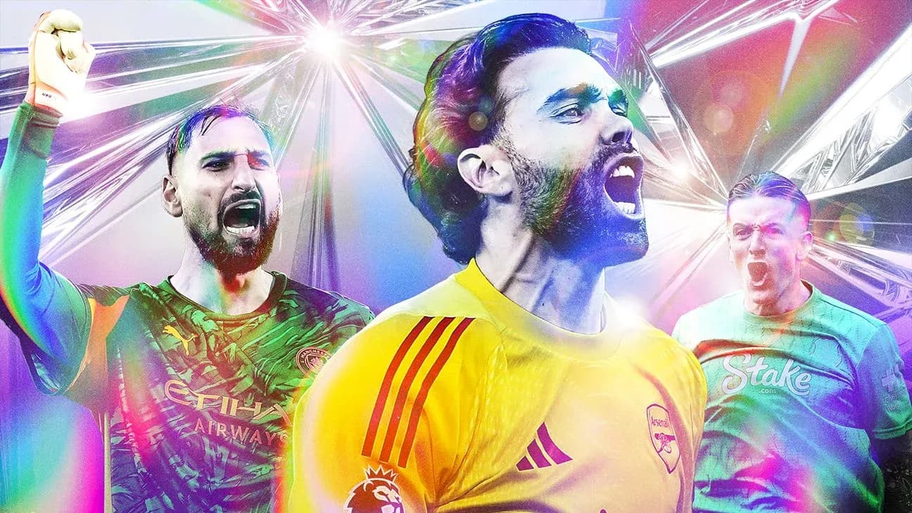 Three goalkeepers celebrating with intense expressions
