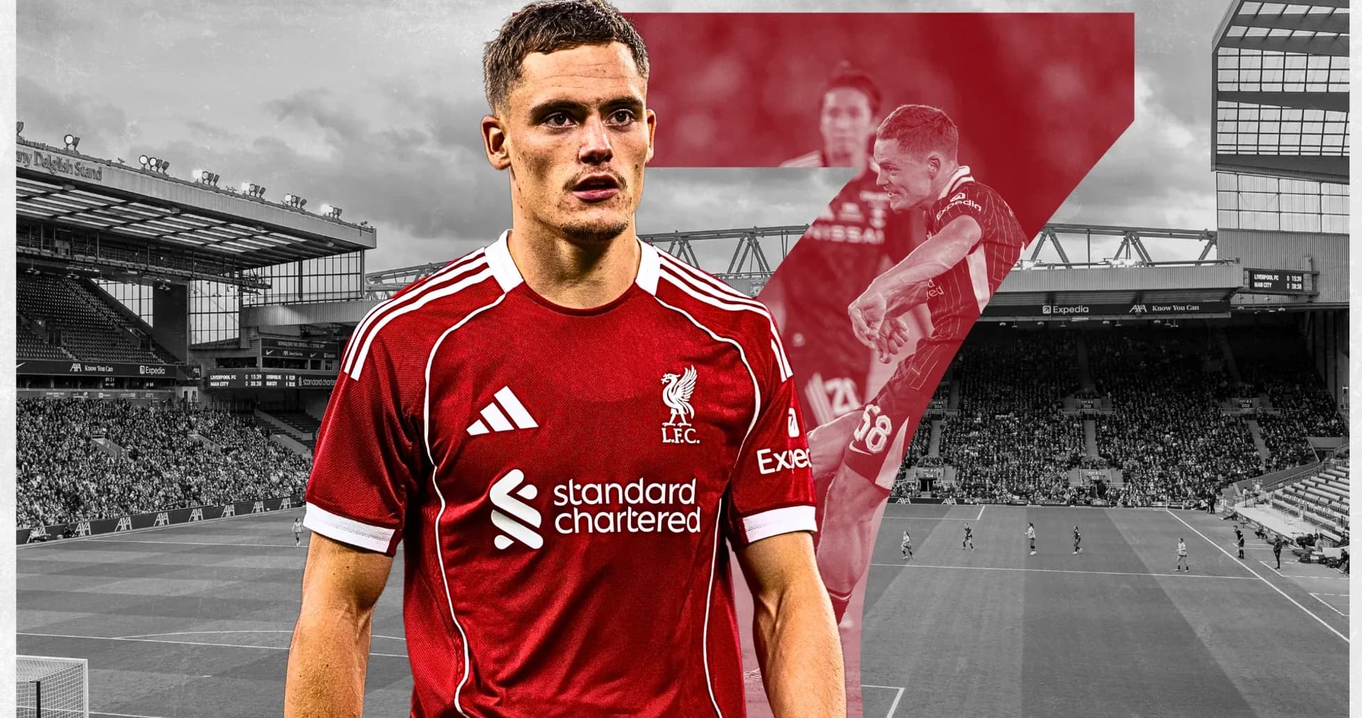 Liverpool player posing at Anfield stadium