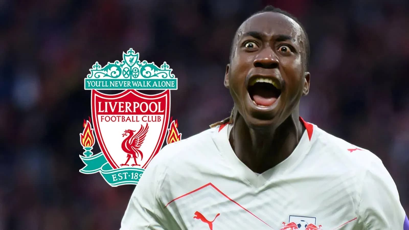 Futbolçu sevinclə qışqırır, arxa planda Liverpool emblemi