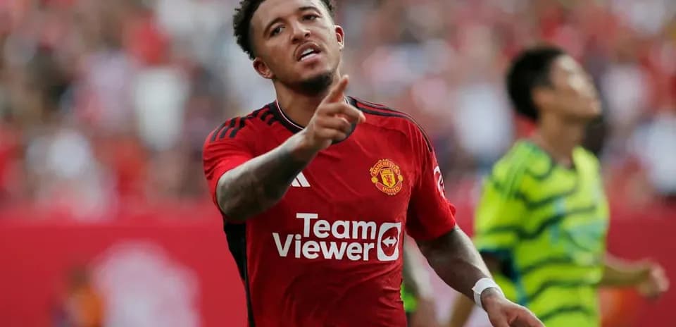 Jadon Sancho celebrating in Manchester United jersey