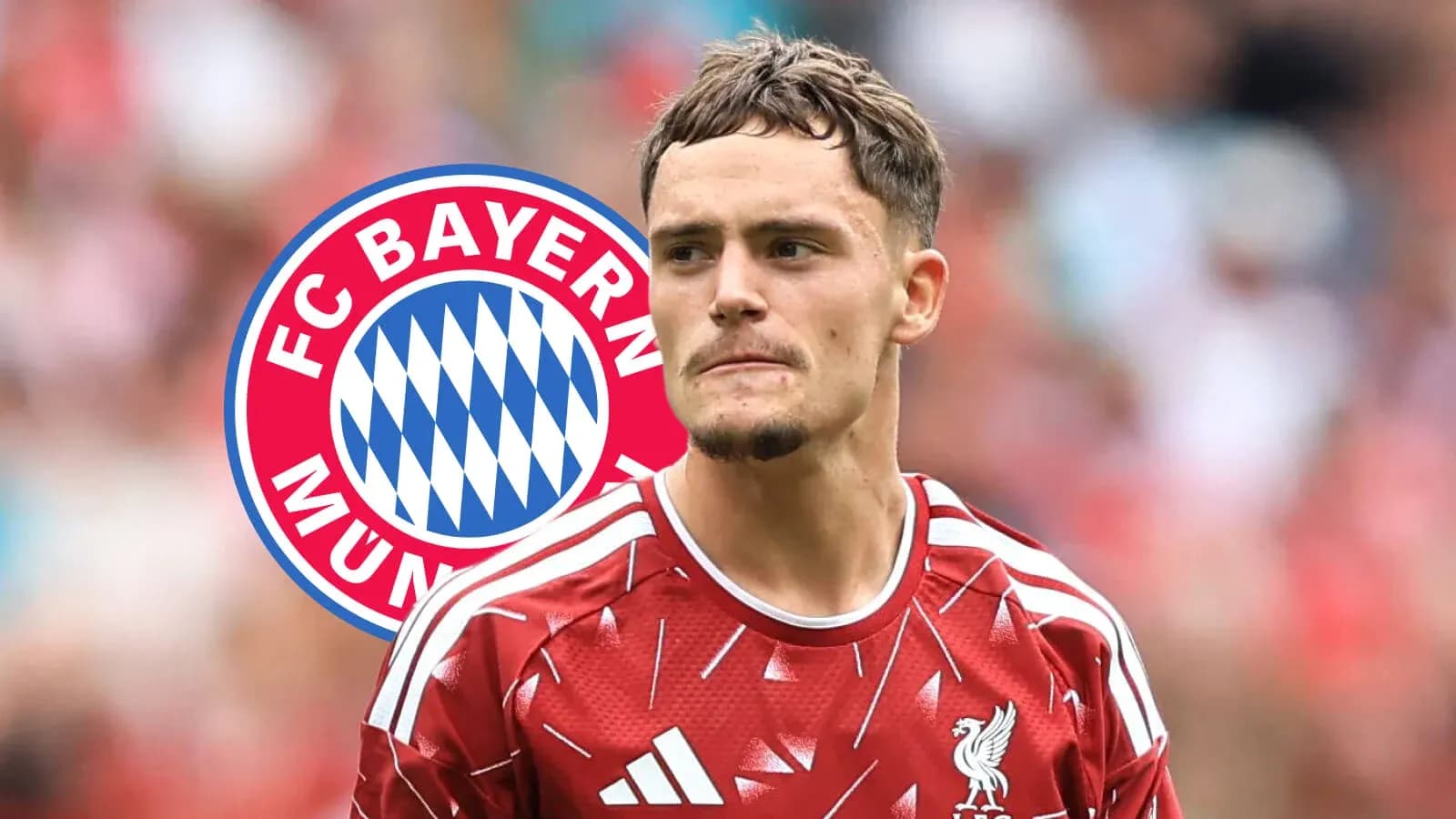 Futbolçu Liverpool formasında Bayern Münhen logosu arxasında