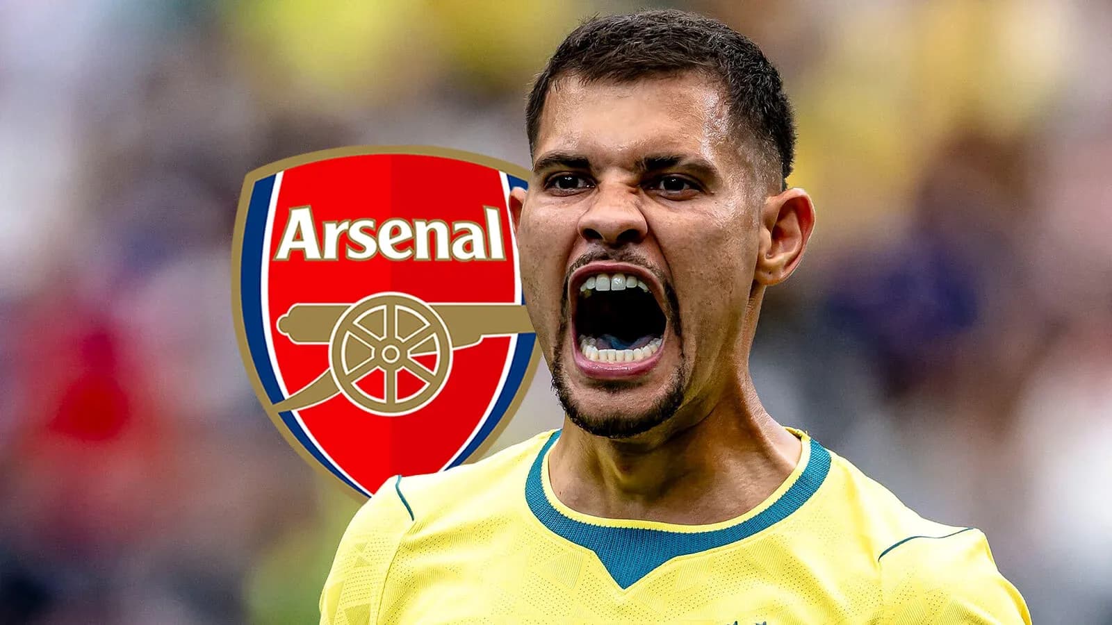Futbolçu Arsenal logosu önündə qışqırır