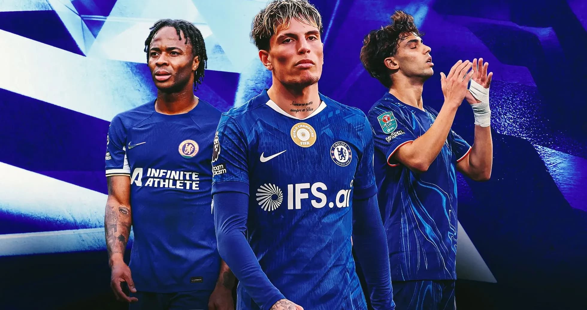 Three Chelsea players in blue kits posing together