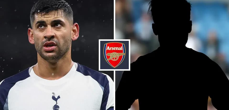 Tottenham player and Arsenal logo on split image