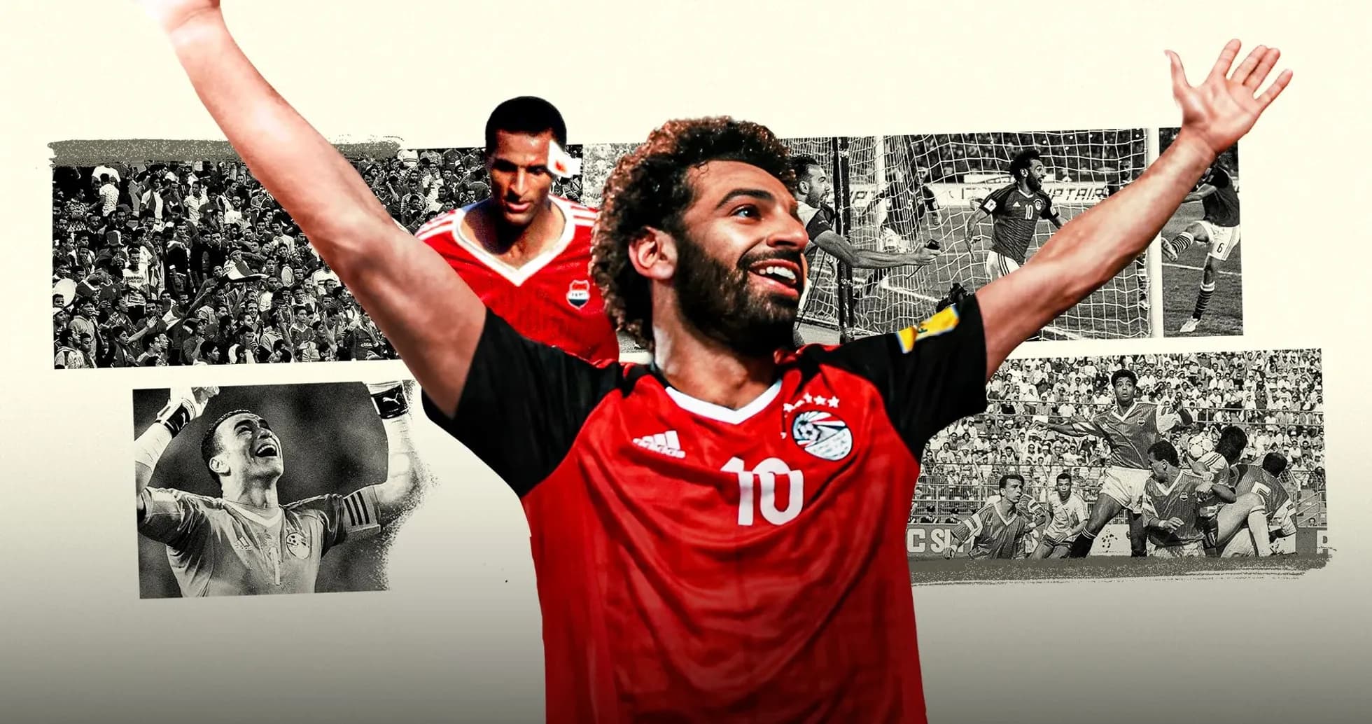 Mohamed Salah celebrating with historic moments background