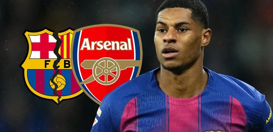 Barcelona and Arsenal logos with player in foreground
