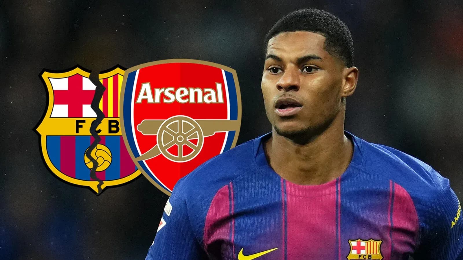Barcelona and Arsenal logos with player in foreground
