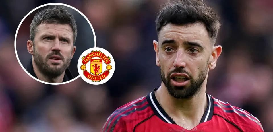 Bruno Fernandes speaking during match with Manchester United logo