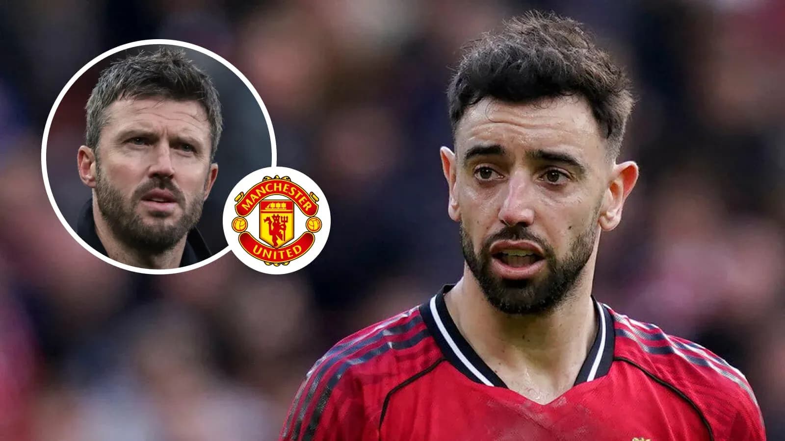 Bruno Fernandes speaking during match with Manchester United logo