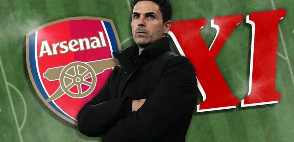Arsenal logo with coach posing in front