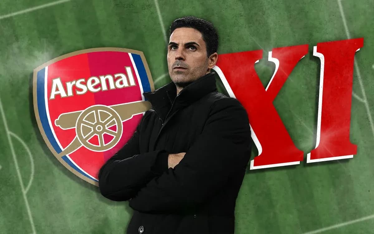 Arsenal logo with coach posing in front