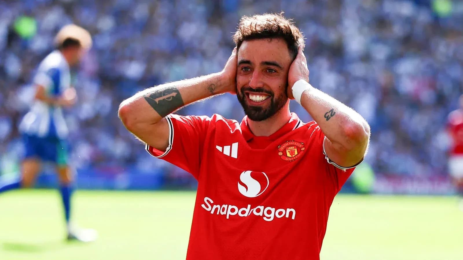 Bruno Fernandes celebrating in Manchester United jersey