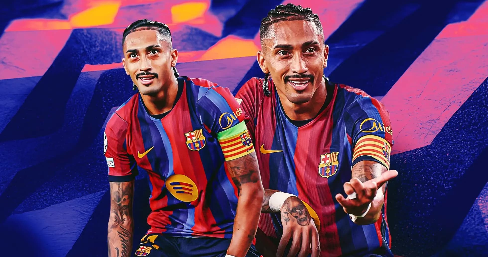 Futbolçu Barcelona formasında, iki pozada