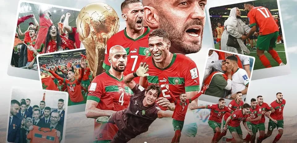 Morocco players celebrating with fans and World Cup trophy
