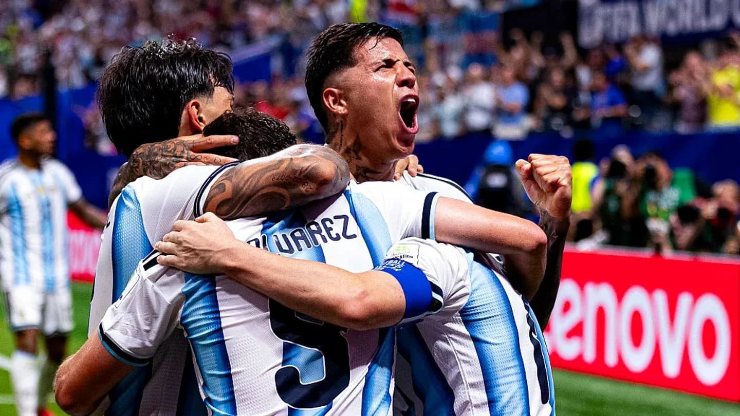 Argentina players celebrating a goal together