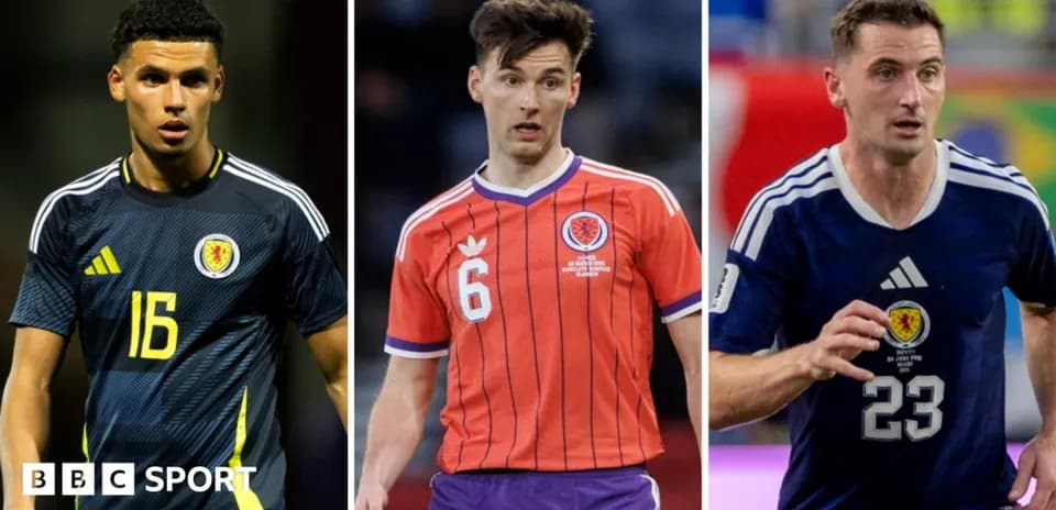 Three Scottish football players in team jerseys